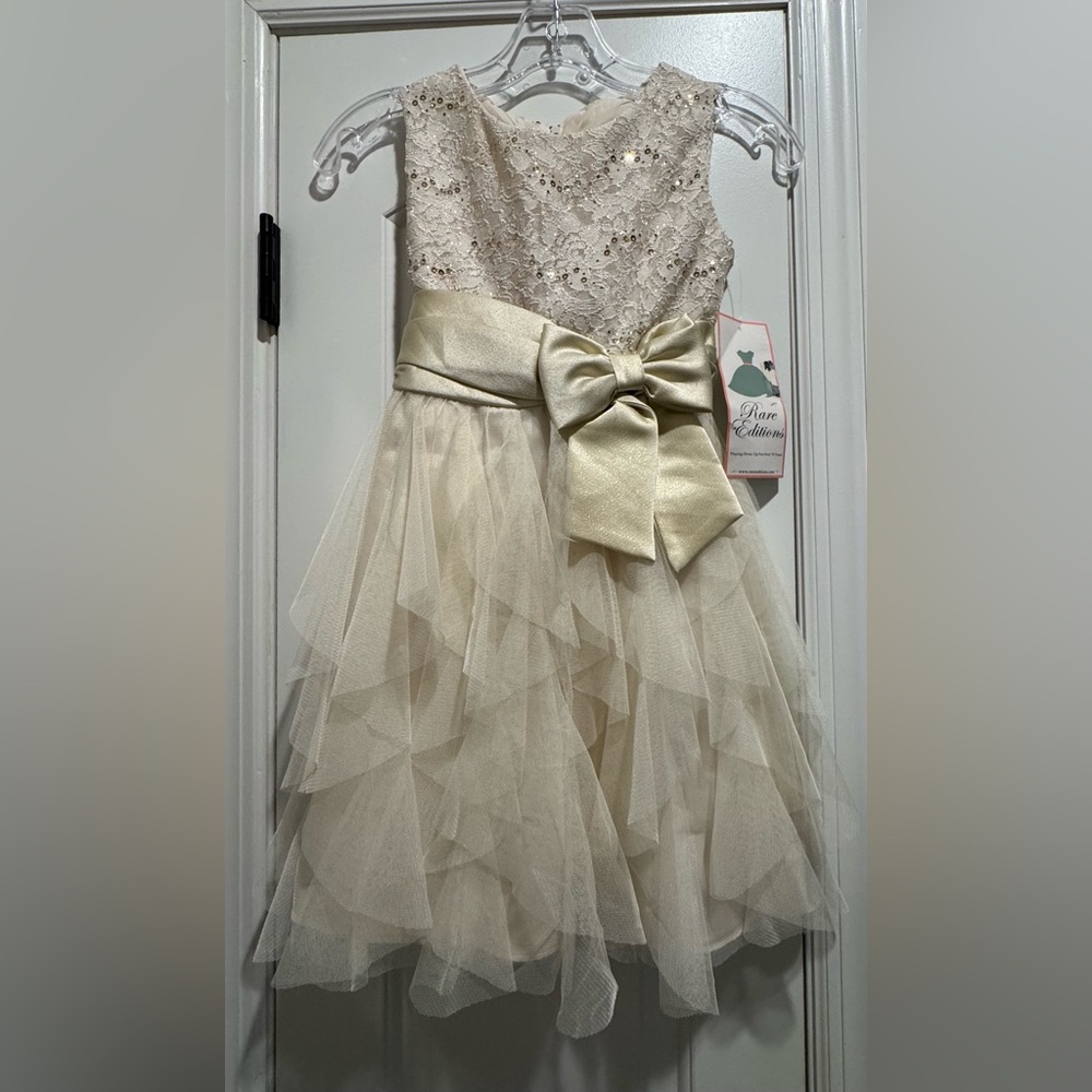 Rare Editions Ivory Lace Dress with Gold Bow